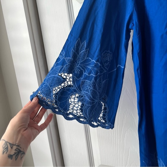 Soft Surroundings Blue Button Up Blouse Size medium Scalloped Edges Lace Details - Picture 2 of 5